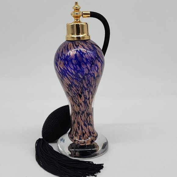 Cobalt Blue & Gold Flecks Perfume Atomizer Cased Glass Hand Blown Tassel VTG - Picture 4 of 9